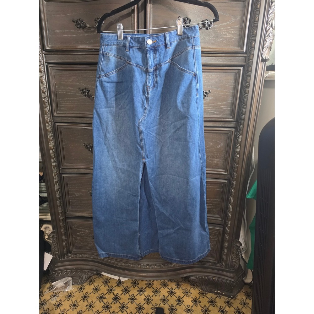 Halara Flex Denim High Waisted Maxi Skirt Blue Medium Wash Front Slit XS Regular